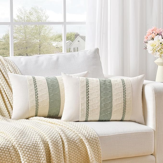 Fancy Homi Set of 2 Sage Green Boho Lumbar Decorative Throw Pillow Covers 12x20 Inch for Living Room Bedroom Couch Bed Chair, Rustic Retro Cushion Case, Bohemian Room Home Decor