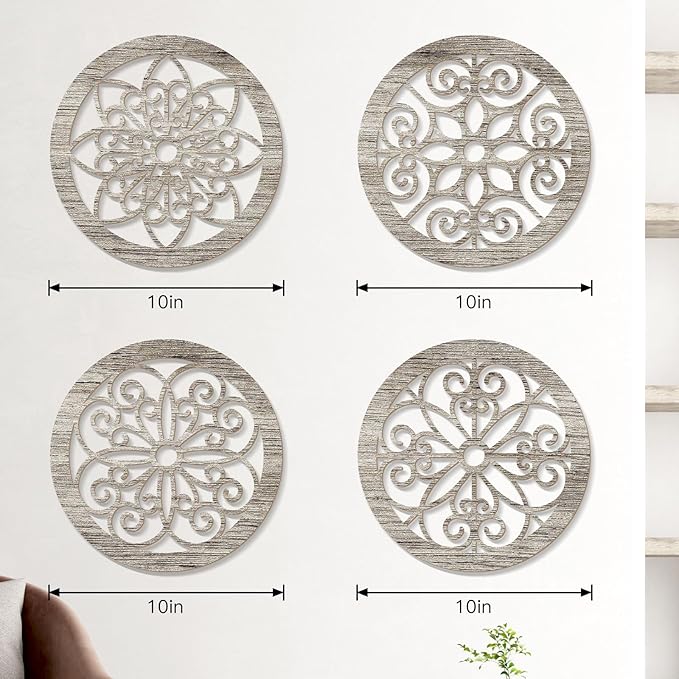 Zzbakress 4 Pieces Farmhouse Wall Decor Rustic Circle Wall Decor Wooden Hollow Carved Round Wall Art for Living Room Bedroom Kitchen Bathroom Home Wall Decoration (Elegant, Retro)