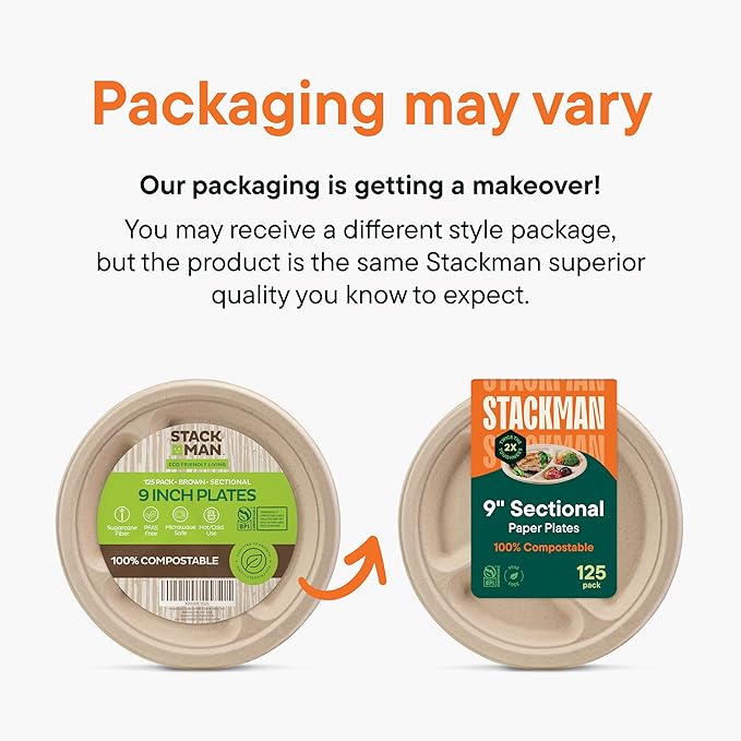 100% Compostable, 3 Compartment, Disposable Paper Plates [125-Pack] - {PFAS Free} - {BPA Certified} - [9 Inch] Heavy Duty Biodegradable Bagasse Sectional Lunch Trays + Dividers - Divided Platte Tray