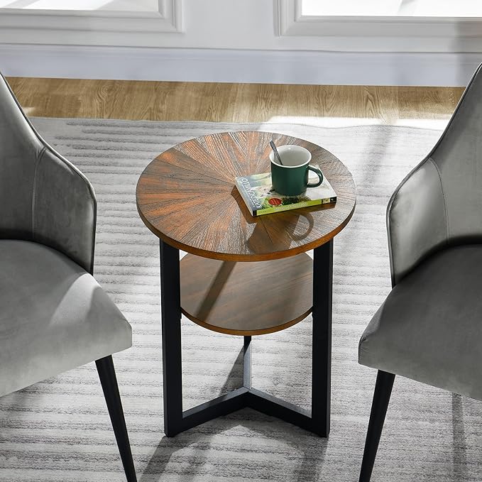 Round End Table with Storage Shelf, 19.29in Circel Accent Side Table with Black Metal Legs, 2-Tier Wood Round Sofa Side Table for Living Room Bedroom, Brushed Brown-BZ