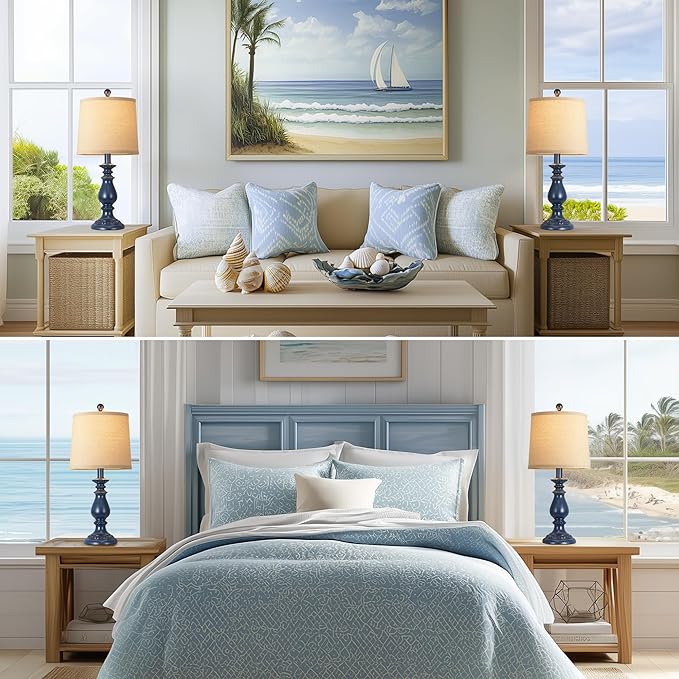 QiMH Farmhouse Table Lamp Set of 2, Rustic Table Lamps for Living Room, Vintage Nightstand Lamp with Rotary Switch, Beside Lamps for Bedroom, Traditional Table Lamps with Linen Shade, Blue