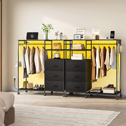 WLIVE Black Dresser with Hanging Rack for Bedroom, 3 Drawer Dresser with LED Lights & Charging Station, Fabric Dressers & Chest of Drawers, Storage Organizer with Open Shelves for Living Room