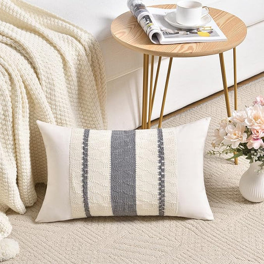 Fancy Homi Set of 2 Neutral Grey Farmhouse Long Lumbar Decorative Throw Pillow Covers 14x24 Inch for Couch Bed Chair, Vintage Country Rustic Retro Room Decor, Soft Thick Cotton Rectangle Cushion Case