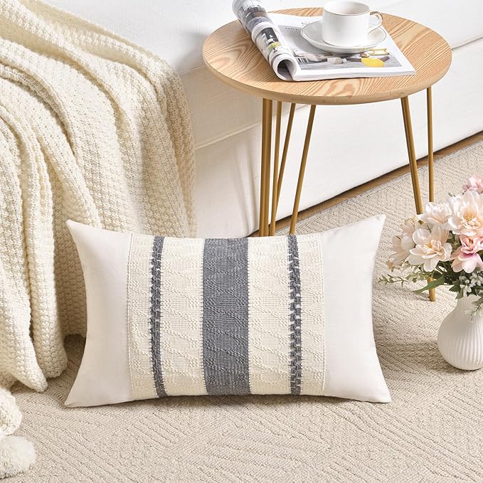 Fancy Homi Set of 2 Neutral Grey Farmhouse Lumbar Decorative Throw Pillow Covers 12x20 Inch for Couch Bed Chair, Vintage Country Rustic Retro Room Decor, Soft Thick Cotton Rectangle Cushion Case