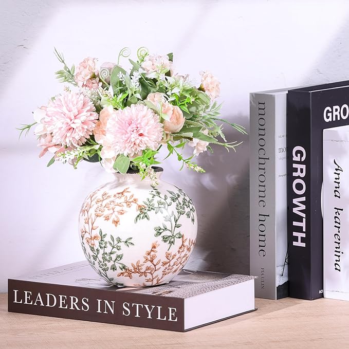 Vintage Green and White Brown Round Vase, Chinoiserie Porcelain Green Floral Vase, Mid Century Modern Pottery Flower Vases for Bouquet and Home Rustic Farmhouse Dining Table Decor