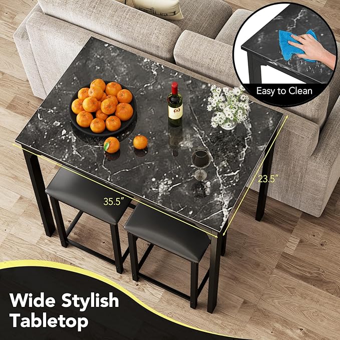 Giantex Dining Table Set for 2, Counter Height Bar Table with Faux Marble Pattern Tabletop, 2 Padded Bar Stools, Footrests, Metal Frame, Dinette Set for Kitchen Small Space Breakfast Nook Pub, Black