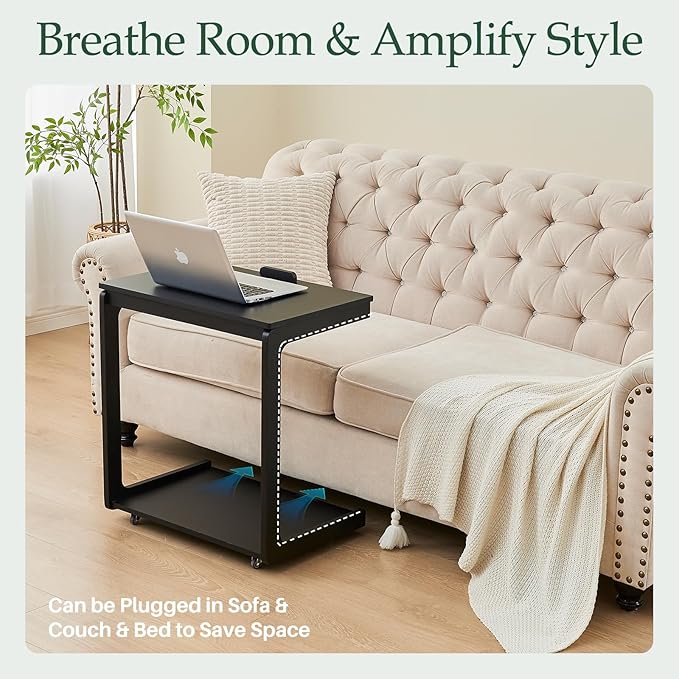 C Shaped Rolling End Table with Wheels - Solid Wood Side Table for Couch, Wooden Modern Tv Tray Bedside Tables for Sofa Armchair Living Room Bedroom, Black, 15.4 in x 23.6 in x 24.8 in