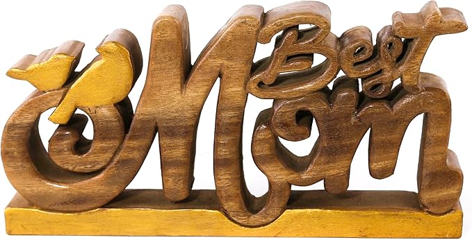 Decozen Handcrafted Solid Wood Best Mom Letters Sculpture - Valentines Day Gifts for Her, Farmhouse Mantel and Fireplace Decor, Table Top Decor for Home, Living Room, or Office
