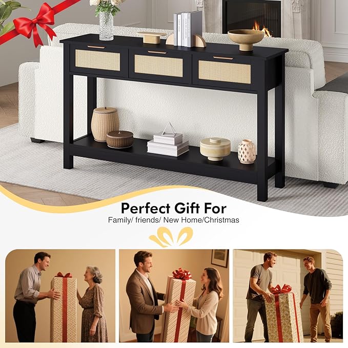 Luoxiao Entryway Console Table with 3 Rattan Drawers - Long Sofa Table Behind Couch Modern Fluted Hallway Living Room Storage Cabinet, Entry Table Open Shelf Foyer Furniture, Anti-Tip, Black, 47 Inch