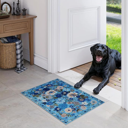 Area Rugs 24x17 Inch Home Decor Entry Rug, Small Door Mat Bath Mats for Bathroom, Ultra-Thin Non Slip Floral Low Pile Tub Mat for Sink Shower Doorway Tub Kitchen Sink(2 x 1.4 ft, Blue Garden)