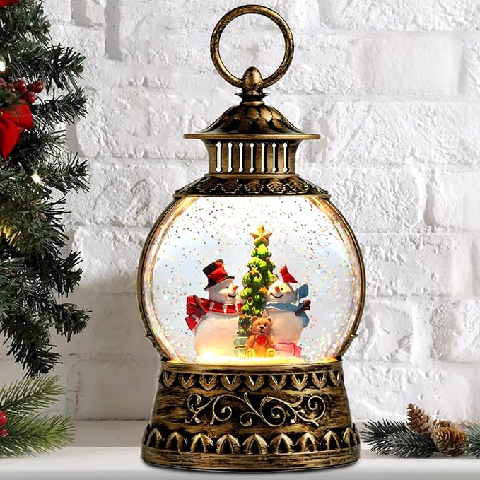 Christmas Snowman Snow Globe, Snowman Musical Snow Globe Lantern Lights with 6H Timer Battery & USB Powered, Retro Style Holiday Glitter Globe for Xmas Home Decoration Holiday Party Gifts
