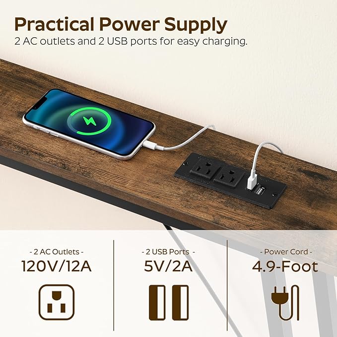 78.7" Couch Table Behind Sofa, Narrow Console Table with Outlet, Skinny Sofa Tables Narrow Long, Long Entryway Tables for Hallway, Entryway, Living Room, Rustic Brown and Black CT205UBR