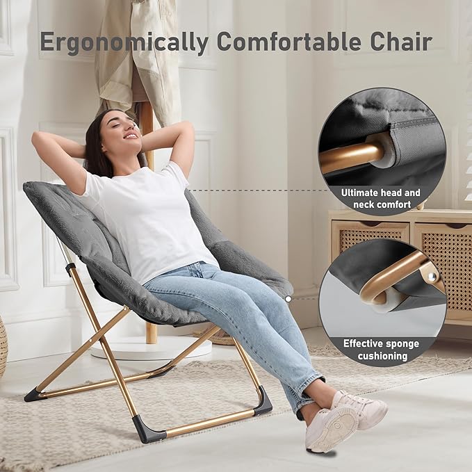 Comfy Oversized Saucer Chair, Soft Faux Fur Reading Lounge Chair for Adults, Stable X-Large Metal Frame and Non-Slip Pad, Foldable Cozy Chairs for Bedroom, Living Room, Dorm, Dark Gray