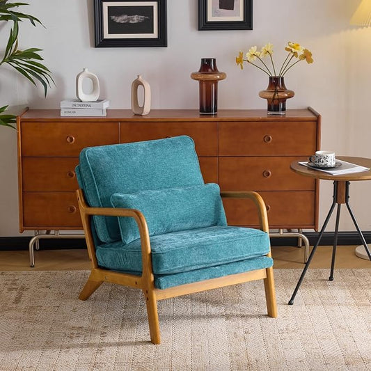 VINGLI Chenille Mid-Century Modern Accent Chair, Cute Reading Arm Chair with Cushion & Lumbar Pillow & Solid Wood Frame for Lounge, Living Room, Reading Room, Bedroom, Turquoise