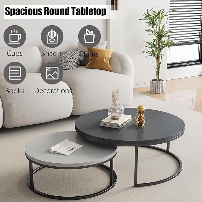 Round Nesting Coffee Table Set of 2, Modern Minimalist Accent Tables for Living Room, Bedroom, Office, Stackable Side Tables (Light & Dark Gray)