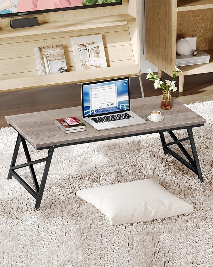 41.3" Folding Coffee Table with Safety Buckles, Low Coffee Table, Portable Floor Table, for Sitting on The Floor, for Living Room, Bedroom, Balcony, Caravan, Greige and Black TKF01BG