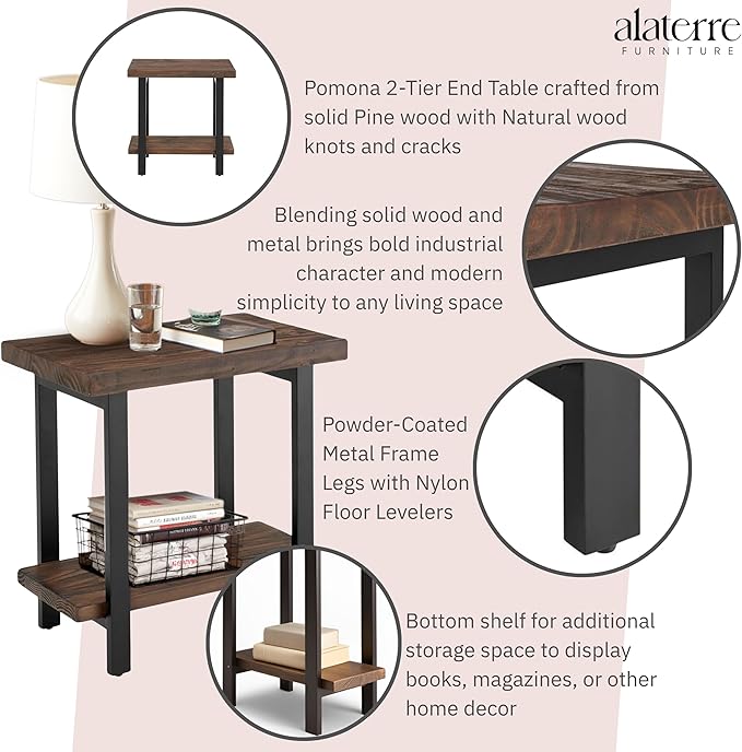 Pomona 27-Inch Wood End Table in Rustic Natural Finish with Metal Legs - 2-Tier Modern Farmhouse Side Table for Home Décor or Accent in Living Room, Bedroom, and Office by Alaterre Furniture