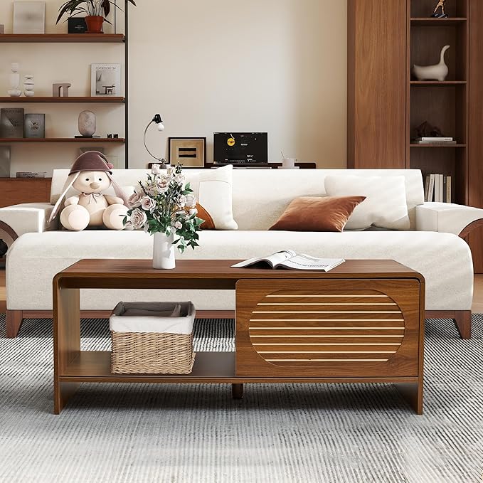 43.3“ Mid Century Modern Coffee Table with Storage, Curved Profile Wood Coffee Table with Sliding Arched Door, Farmhouse Center Table Rectangle Coffee Table for Living Room, Office, Walnut