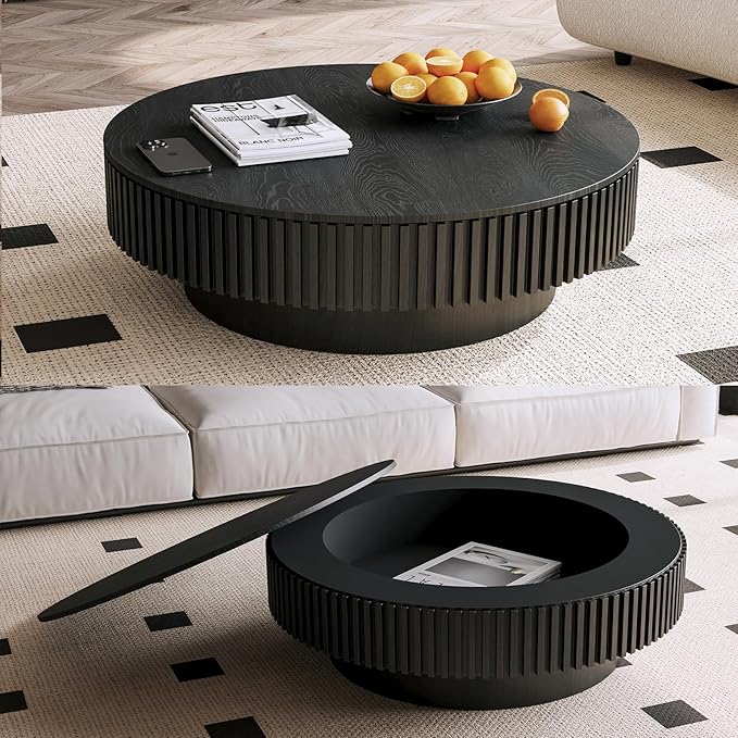 39.37 Inch Round Drum Coffee Table with Storage, Handcraft Fluted Drum Coffee Table, Modern Wooden Round Coffee Table Center Table with Sturdy Pedestal for Living Room Apartment(Black)