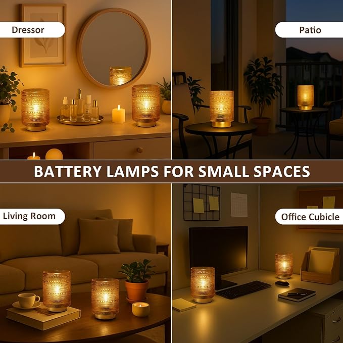 2 Pack Battery Operated Decorative Aesthetic Lamp with Timer for Dorm/Office/Patio/Bedside/,Small Cordless Table Lamps with LED Warm Bulb for Shelf/Coffee Table/Entryway/Mantle/Dresser Decor(Golden)