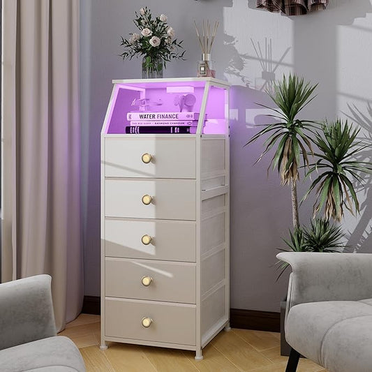 Tohomeor Dresser with Fabric Drawers Nightstand with 2 Tier Shelf Storage Tower for Bedroom Hallway Entryway Closet Organizer Sofa Beside Table Furniture (White, 5 Drawers)