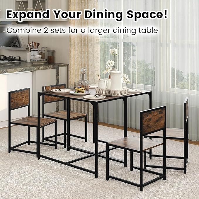 COSTWAY Small Dining Table for 2, Industrial Table and Chairs Set w/Metal Frame, Wood Grain Surface, 3-Piece Dinette Set, Space-Saving Kitchen Table Set for Small Place, Apartment, Home (Rustic Brown)