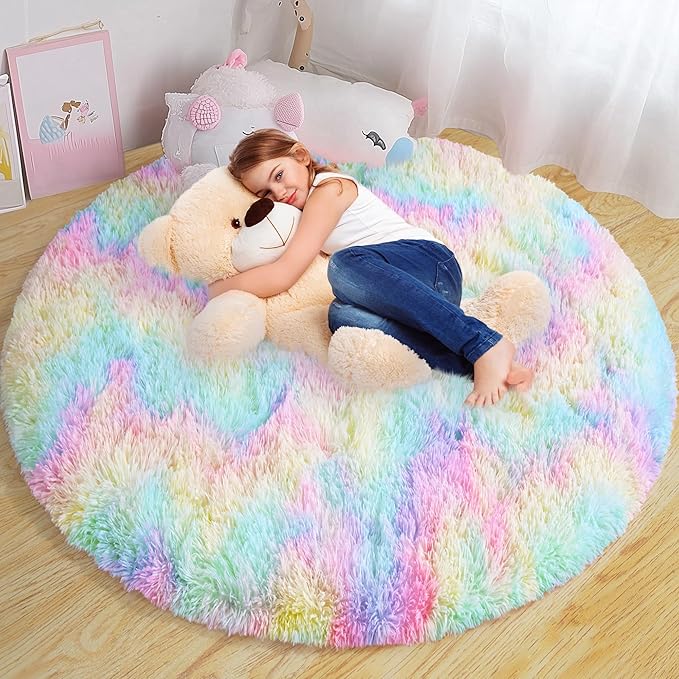 Round Fluffy Rugs 6Ft for Girls Bedroom, Rainbow Shag Circle Kids Rug Non-Slip for Bedside Dorm Nursery Playroom, Soft Cute Area Rugs for Living Room Decor