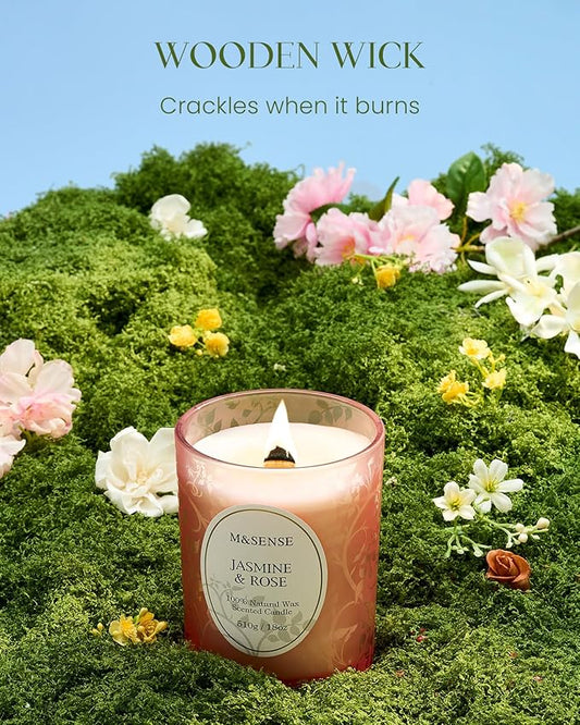 M&SENSE Jasmine Rose Candle, Cracking Wooden Wick Soy Wax, 18oz 100 Hours Long Lasting Clean Burn, Large Jar Candles for Home Scented, Non-Toxic Relaxing Aromatherapy Gifts for Women