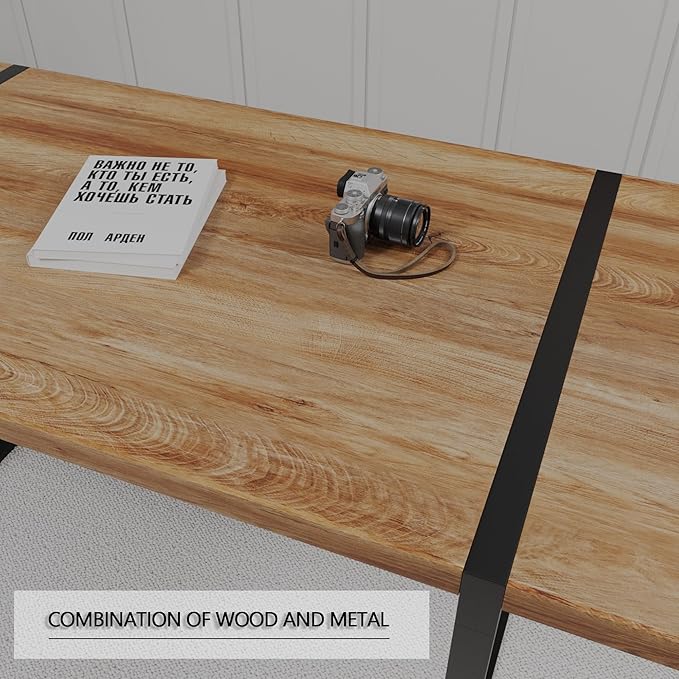 Modern Wooden Dining Table, 59'' Wooden Rectangle Table, Dining Room Table for 4-6, Modern Kitchen Dining Table with Black Metal Legs for Living Dining Kitchen Room(Dark Wood)