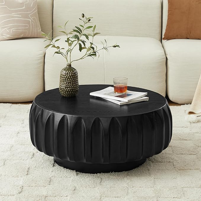 WILLIAMSPACE 31.5" Round Coffee Table with Elegant Sculptural Design, Solid Wood Carved Center Drum Coffee Table Circle End Side Table with Sturdy Base, Black