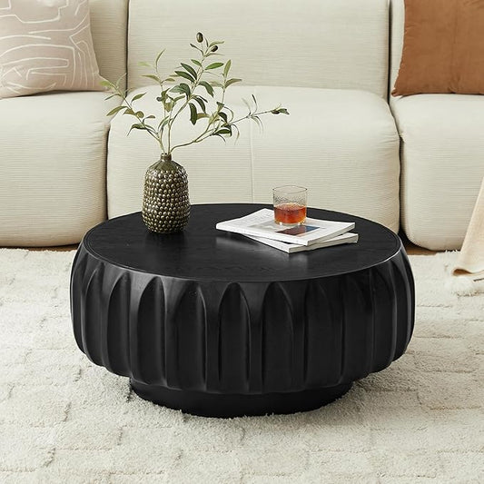 WILLIAMSPACE 31.5" Round Coffee Table with Elegant Sculptural Design, Solid Wood Carved Center Drum Coffee Table Circle End Side Table with Sturdy Base, Black