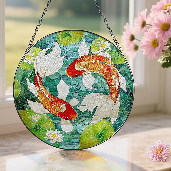 8-Inch Koi Fish Stained Glass Suncatcher Ornament, Stained Glass Window Hanging, Window Hanging Decor – Mother's Day, Christmas, Birthday | Gifts for Parent, Friend, Newlywed, Coworker | Holiday Decor