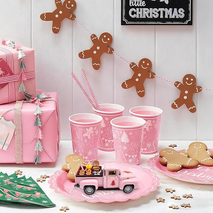 Pink Gingerbread Christmas Decor Vintage Farmhouse Metal Truck with Mini Fake Candy Cookie Box Ginger Bread Man Pastel Gingerbread Christmas Tabletop Decorations for Xmas Tray Holiday Mantel Kitchen