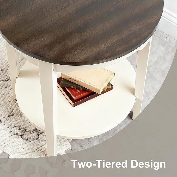 19" Round Side Table, Modern 2-Tier Shelf End Table, Small Accent Table for Living Room, Bedroom, Office, Brown and Gray