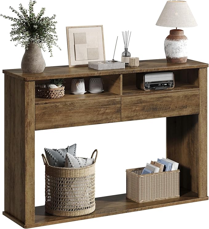 43.3 Inches Console Table, Narrow Entryway Table with 2 Drawers, 2 Compartments and Bottom Shelf, Farmhouse Hallway Accent Table for Entryway, Living Room, Foyer, Hallway, Dark Brown