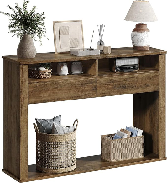 43.3 Inches Console Table, Narrow Entryway Table with 2 Drawers, 2 Compartments and Bottom Shelf, Farmhouse Hallway Accent Table for Entryway, Living Room, Foyer, Hallway, Dark Brown