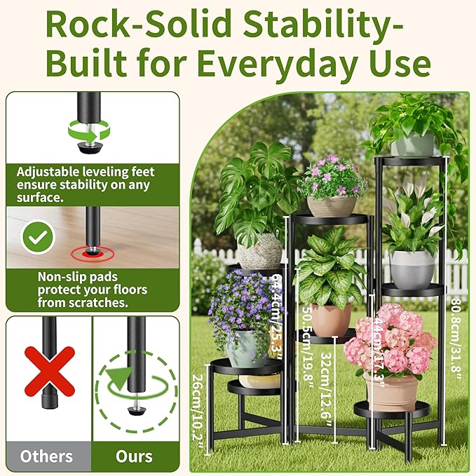8 Tiered Plant Stand Indoor for Multiple Large Planter, Tall Heavy Duty Adjustable Folding Rack with Rustproof 10 Inch Wide Tray, Plant Shelf for Corner Living Room - BlackDisk