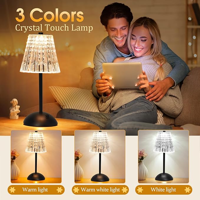 Cordless Touch Table Lamp, 3500mAh Rechargeable Small Dask Lamp, 3 Colors Dimmable Battery Operated Crysta Lamp for Bedroom Restaurant Kitchen Home Decor, Black, 2pcs