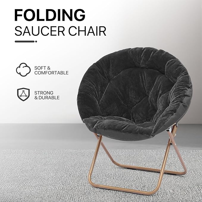 Athena Collection Comfy Saucer Chair Folding Cozy Chair for Bed Room Living Room Accent Chair Faux Fur Reading Chair Foldable Metal Frame Lazy Chair Moon Chair for Adult, Black