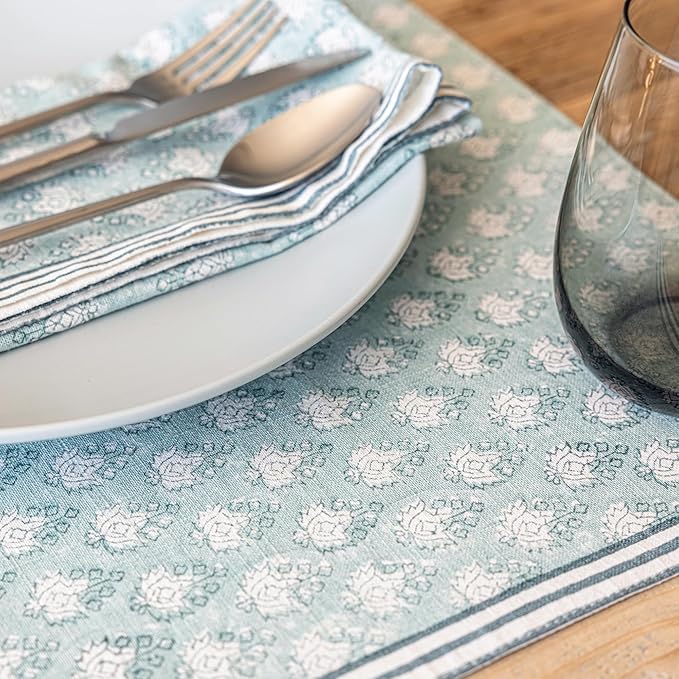 Over&Back Set of 4 Hand-Blocked Placemats - Colorful Dining Table Mat - Each Placemat is Unique - 100% Cotton - Machine Washable - Kitchen and Home Decor - Blue Leaf