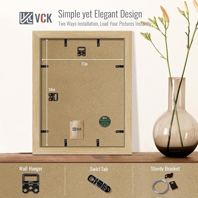 VCK 11x14 Picture Frame 2 Pack - Natural Oak, High-End Wood Poster Frames with Tempered Glass, Display 8x10 Photo with Mat or 11x14 without Mat, Art Gallery-Quality, Wall Hanging, Natural Oak