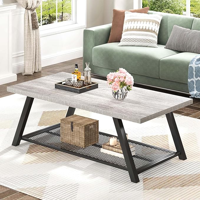 FOLUBAN Industrial Coffee Table, Rustic Wood and Metal Center Table with Storage, Modern Rectangle Cocktail Tea Table for Living Room Office, Light Grey, 47 Inch
