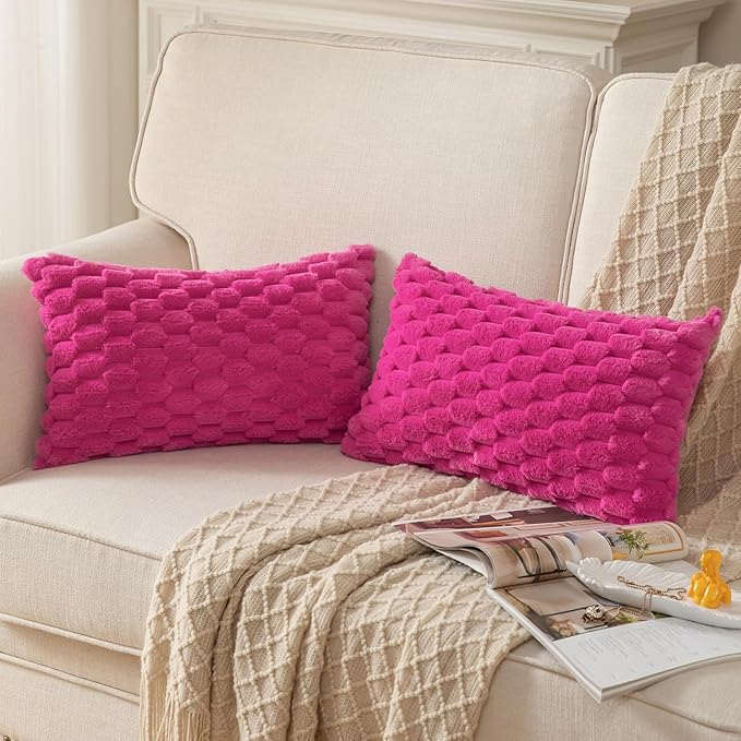 MANDIOO Pack of 2 Hot Pink Super Soft Plush Fluffy Decorative Throw Pillow Covers 12x20 inch Faux Fur Wool Velvet Cushion Covers Pillow Cases Couch Sofa Bed Living Room