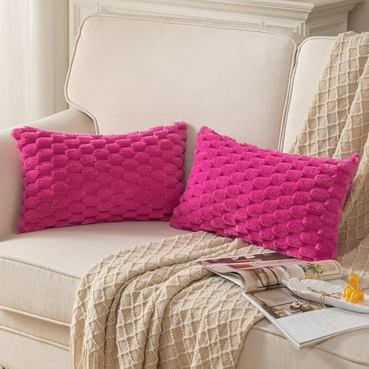 MANDIOO Pack of 2 Hot Pink Super Soft Plush Fluffy Decorative Throw Pillow Covers 12x20 inch Faux Fur Wool Velvet Cushion Covers Pillow Cases Couch Sofa Bed Living Room