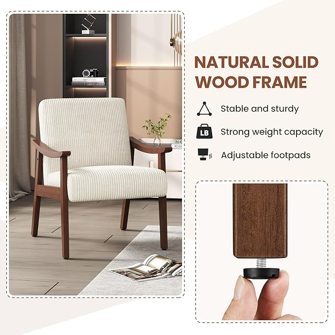 Yaheetech Corduroy Accent Chair, Mid-Century Modern Armchair with Solid Wood Legs, Reading Leisure Chair with High Back for Living Room Bedroom Waiting Room Beige