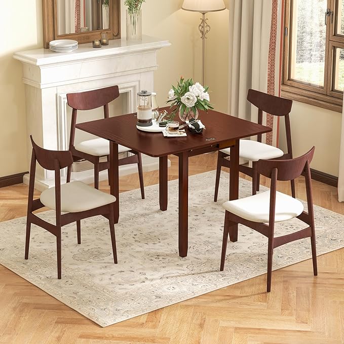 GOFLAME Extendable Dining Table for 4, Folding Kitchen Table with Storage Compartment & Rubber Wood Legs, Space-Saving Dinner Table for Living Room, Kitchen, Dining Room, Small Space, Cherry Brown
