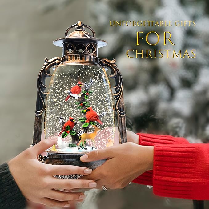 13.4" Christmas Snow Globe Lantern with Swirling Glitter Christmas Decorations Indoor, Cardinals & Rotating Tiny Animal Lighted Musical Snow Globes for Home Decoration USB Powered or Battery Operated