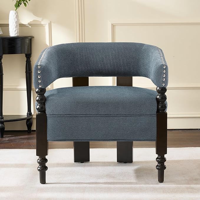 LOULENS Barrel Accent Chair for Living Room | Vintage Linen Upholstered Lounge Chair with Solid Wood Legs, Armchair for Bedroom, Reception Room & Reading Nook, Blue