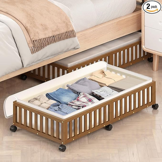 Bamboo Under Bed Storage Containers with Wheels, 2 Pack Large Under the Bed Shoe Storage Bins, Wood Rolling Underbed Drawers Organizer for Bedroom Closet Clothes Blanket Under Crib Toy Walunt