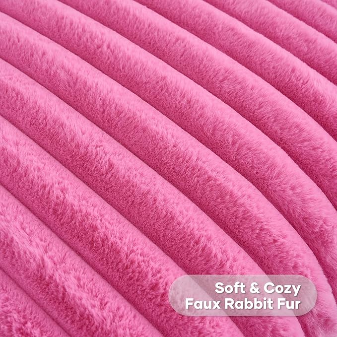 FUTEI Hot Pink Striped Decorative Throw Pillow Covers 12x20 Inch Set of 2,Rectangle Winter Decorations Couch Lumbar Pillowcase,Soft Cozy Faux Rabbit Fur & Velvet Back,Modern Home Decor for Bed